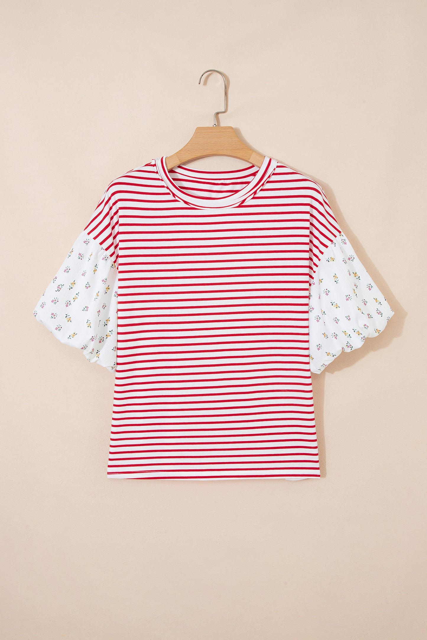 Black Stripe Floral Puff Sleeve Patchwork Round Neck Loose Top