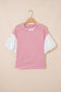 Black Stripe Floral Puff Sleeve Patchwork Round Neck Loose Top