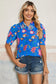 Blue Floral Short Puff Sleeve Button Up Shirt