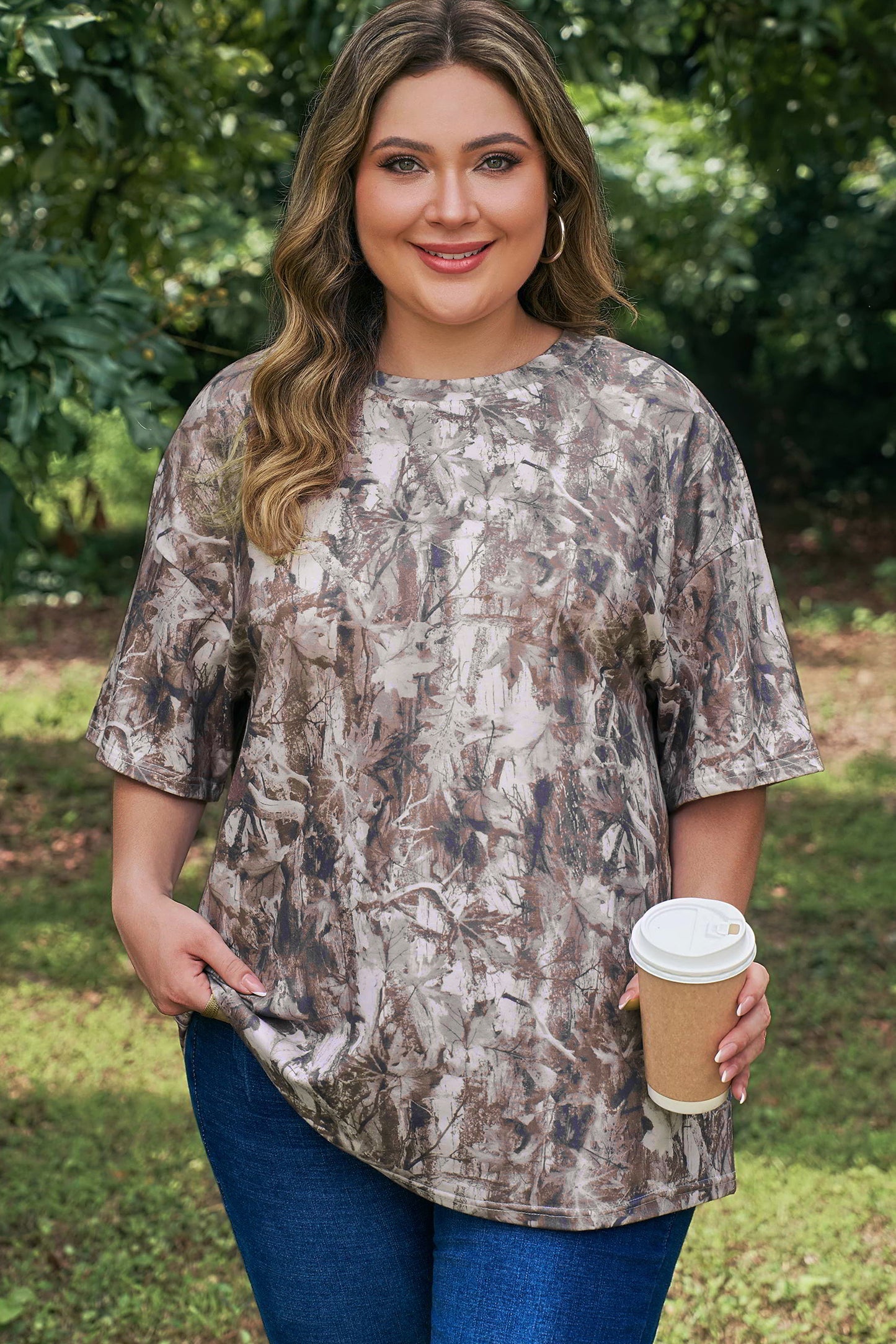 Khaki Plus Size Woodland Camouflage Print T Shirt