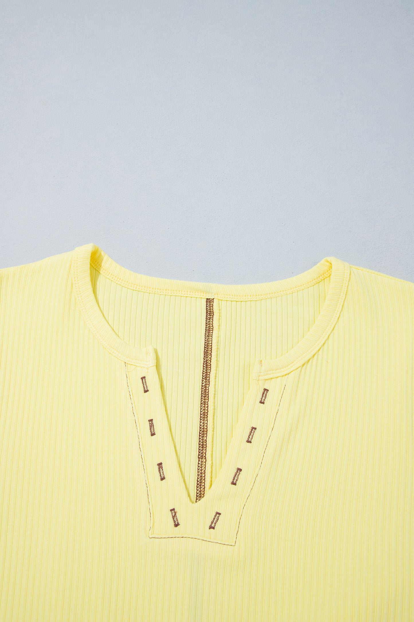 Banana Cream V Neck Ribbed Stitched Detail Long Sleeve Top