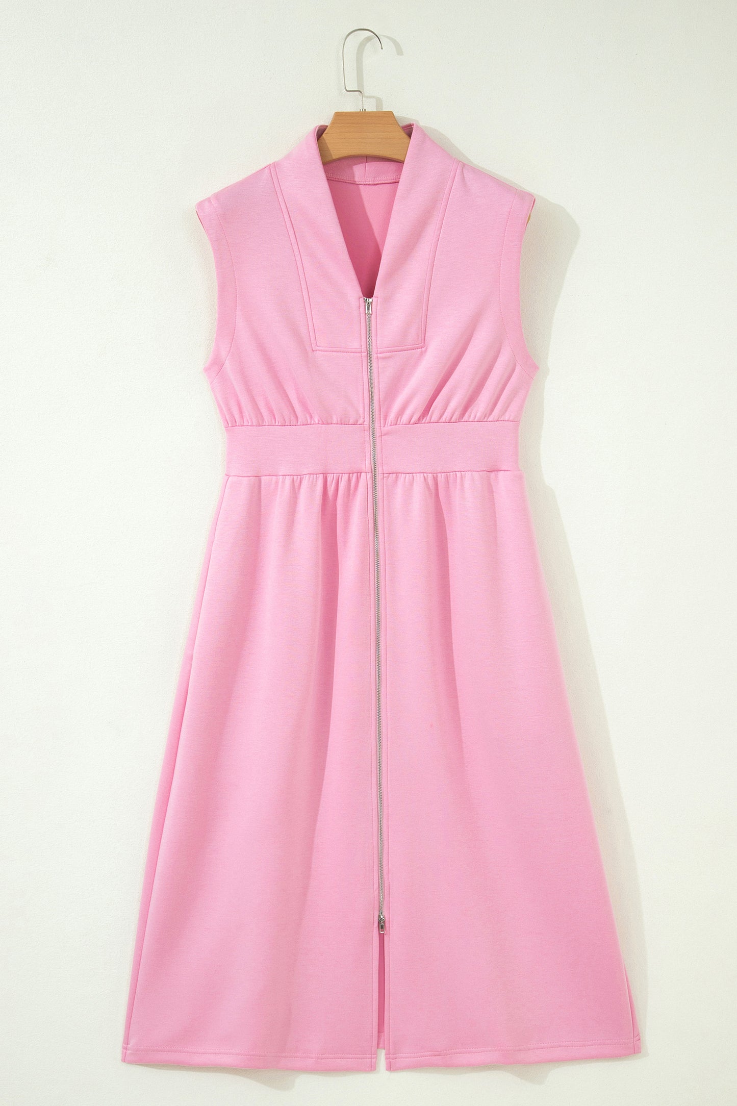 Pink V Neck Sleeveless Double Zip Shift Midi Dress