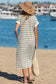 Green Stripe Collared V Neck Short Sleeve T Shirt Midi Dress with Pockets