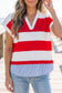 Red Stripe Collar V Neck Cuffed Dolman Short Sleeve Top