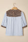 Pink Stripe Leopard Trim V Neck Button Down Half Sleeve Shirt