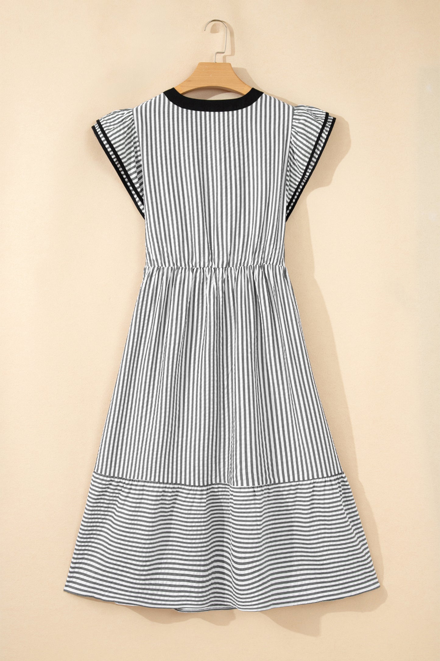 Black Stripe Contrast Trim V Neck Flutter Sleeve Casual Long Dress