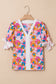 White Floral Colorblock Striped Edge V Neck Knotted Short Sleeve Blouse