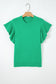 Beau Blue Solid Color Ribbed Trim Round Neck Ruffle Short Sleeve Sweater