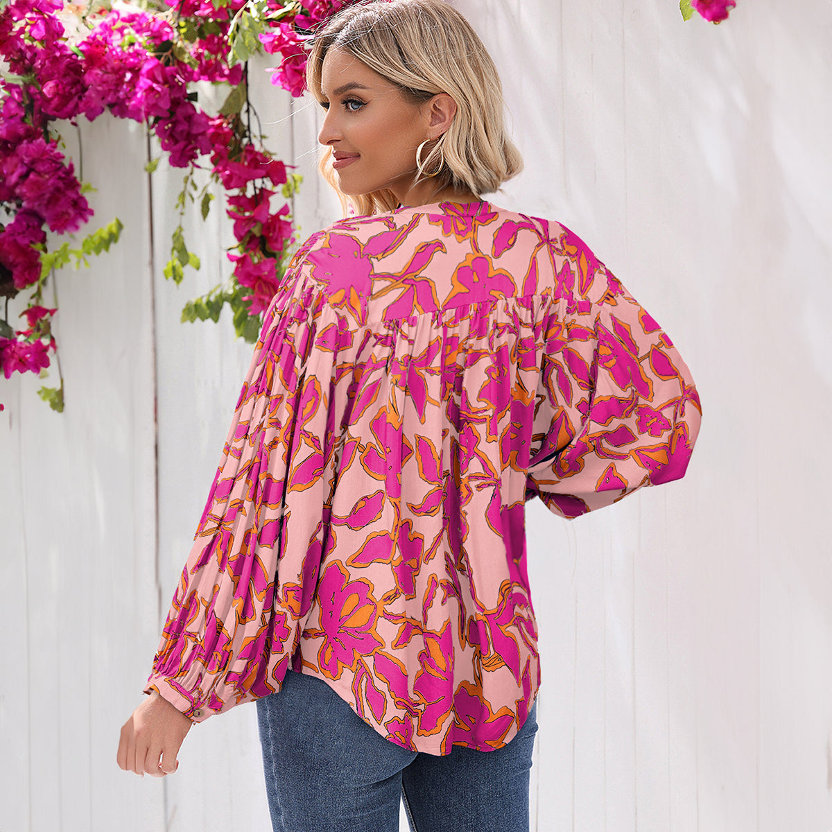 Gray Morn Floral Print Batwing Sleeve Buttoned Loose Fit Shirt