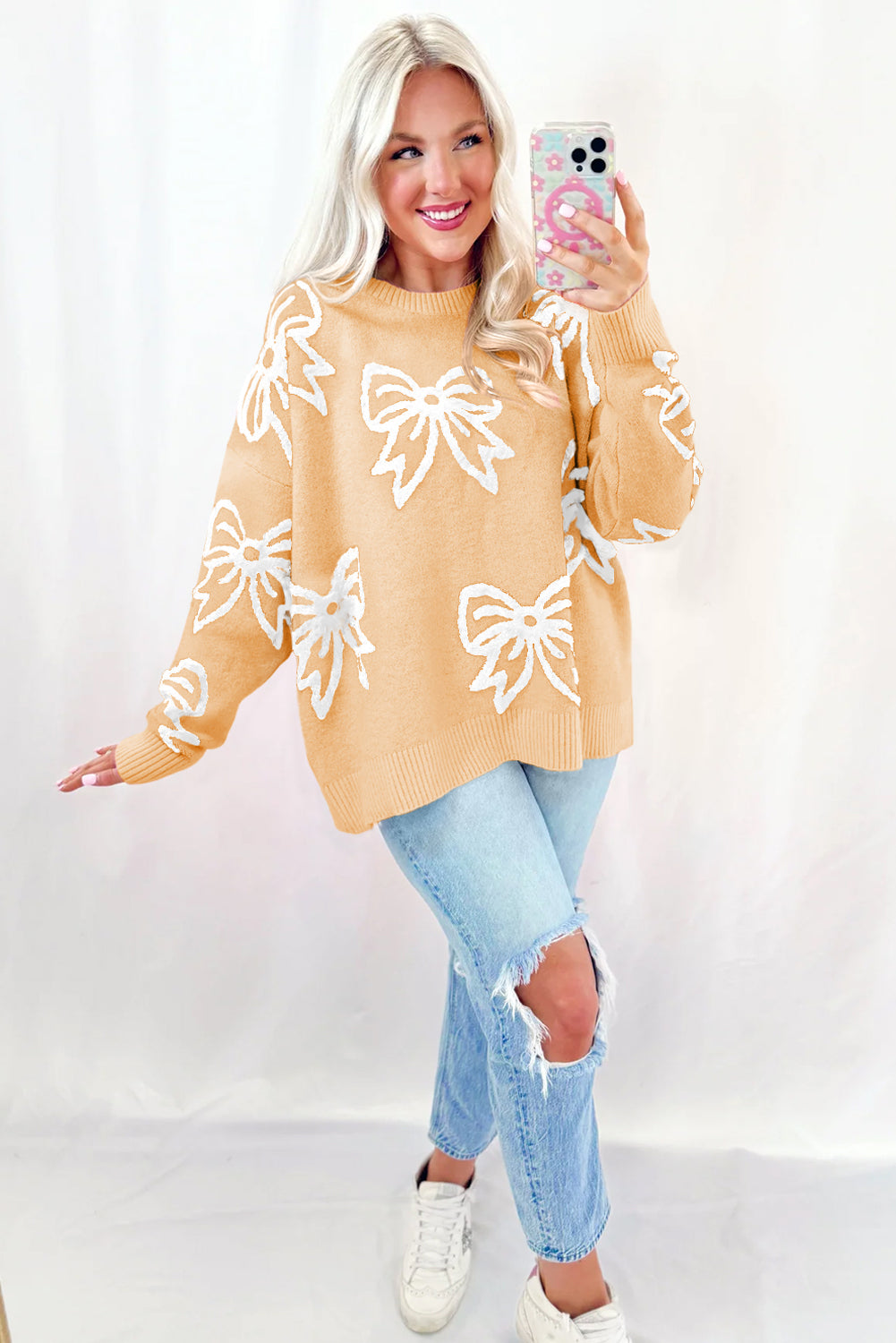 Pink Bow Pattern Drop Shoulder Loose Sweater