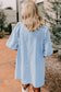 Sky Blue Stripe Color Block Patchwork Shirt Collar Button Down Puff Sleeve Mini Dress