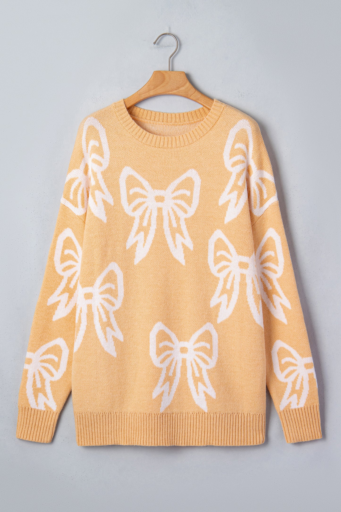 Pink Bow Pattern Drop Shoulder Loose Sweater