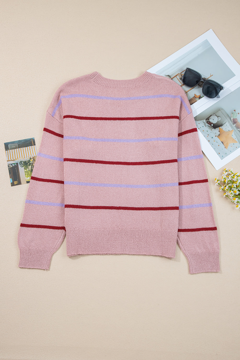 Brown Stripe Striped Ribbed Edge Drop Shoulder Sweater