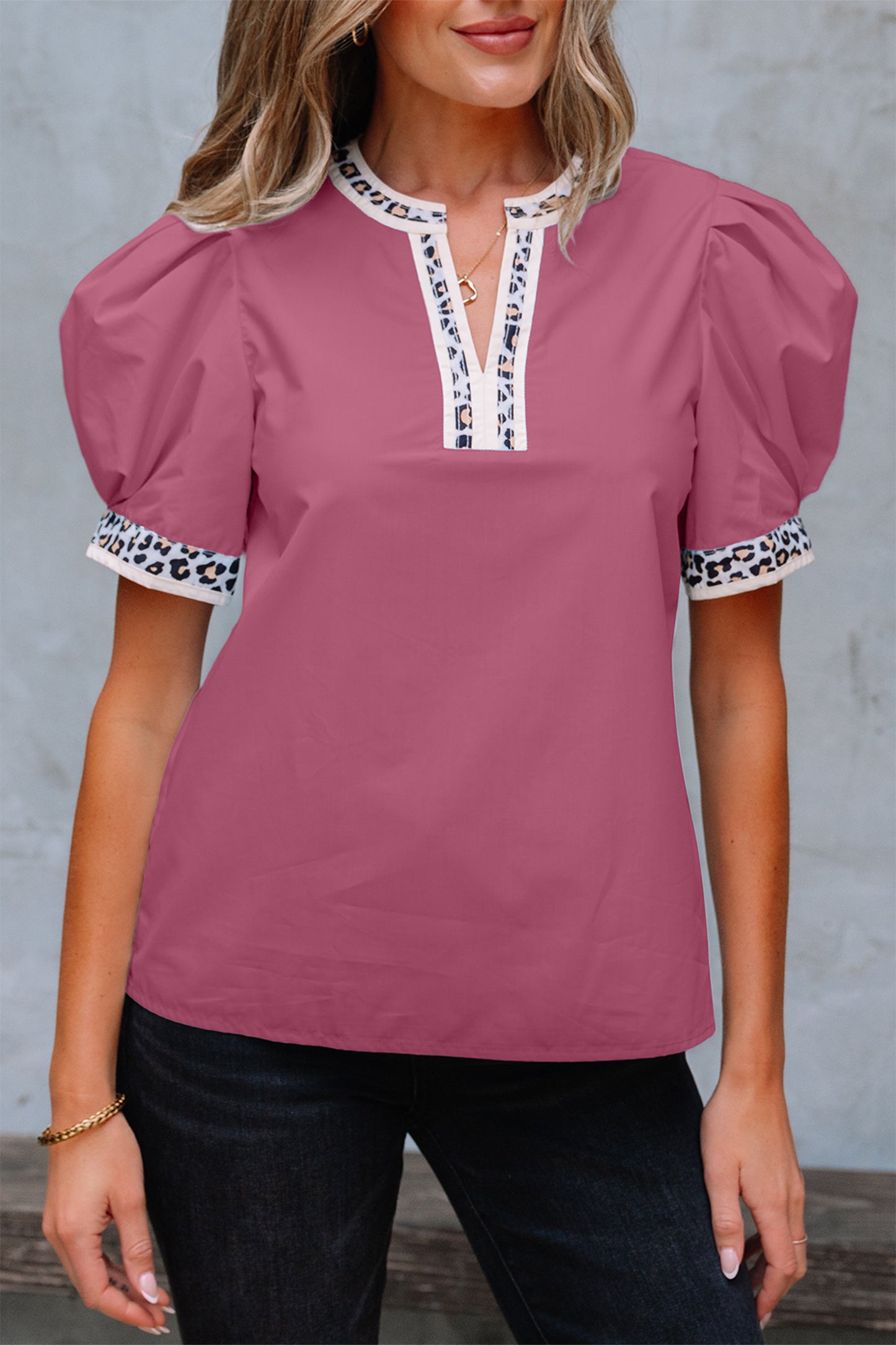 Buckskin Contrast Leopard Trim Split Neck Puff Sleeve Blouse