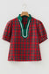 Red Plaid Print Contrast Trim V Neck Short Sleeve Blouse