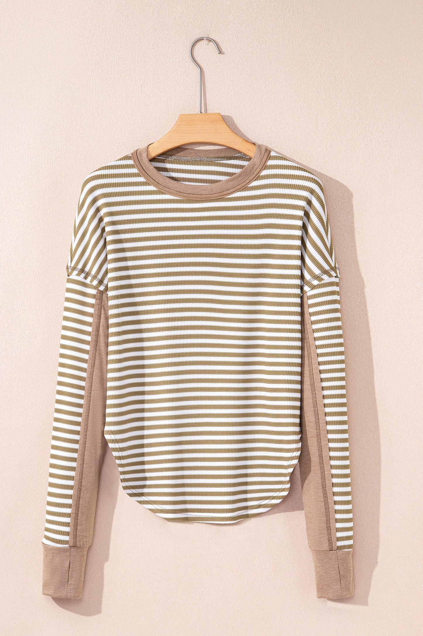 Black Stripe Thermal Knit Drop Shoulder Casual Top