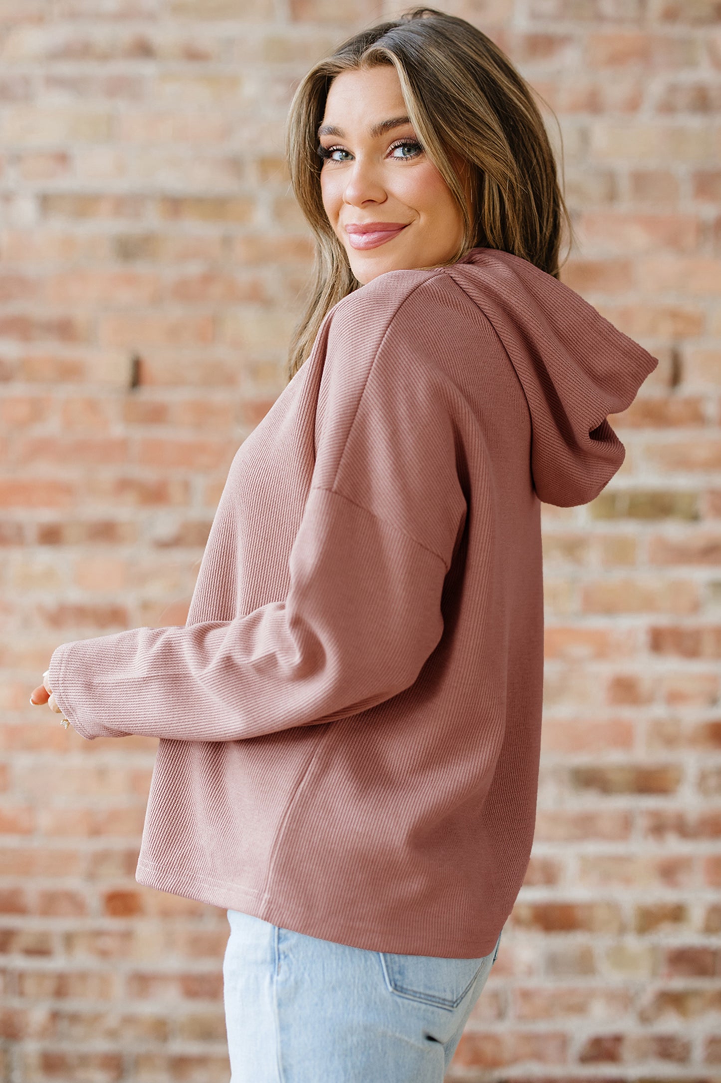 Jet Stream Thermal Textured Lace Drawstring Baggy Hoodie
