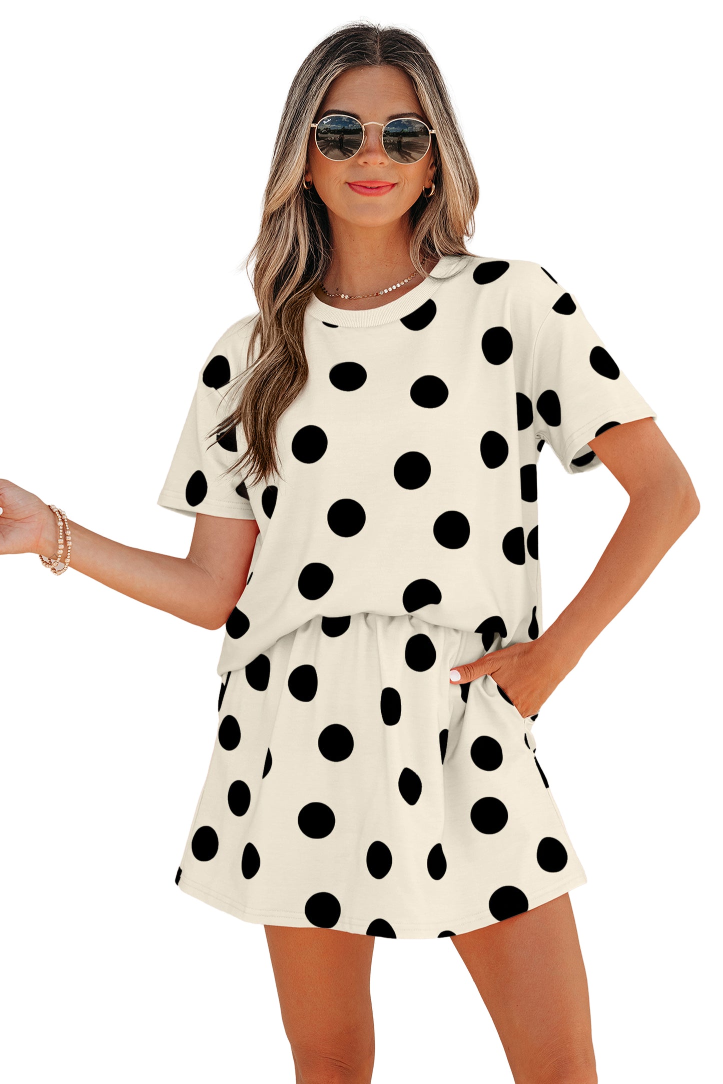 White Polka Dot Short Sleeve Top Casual Skort 2pcs Outfit