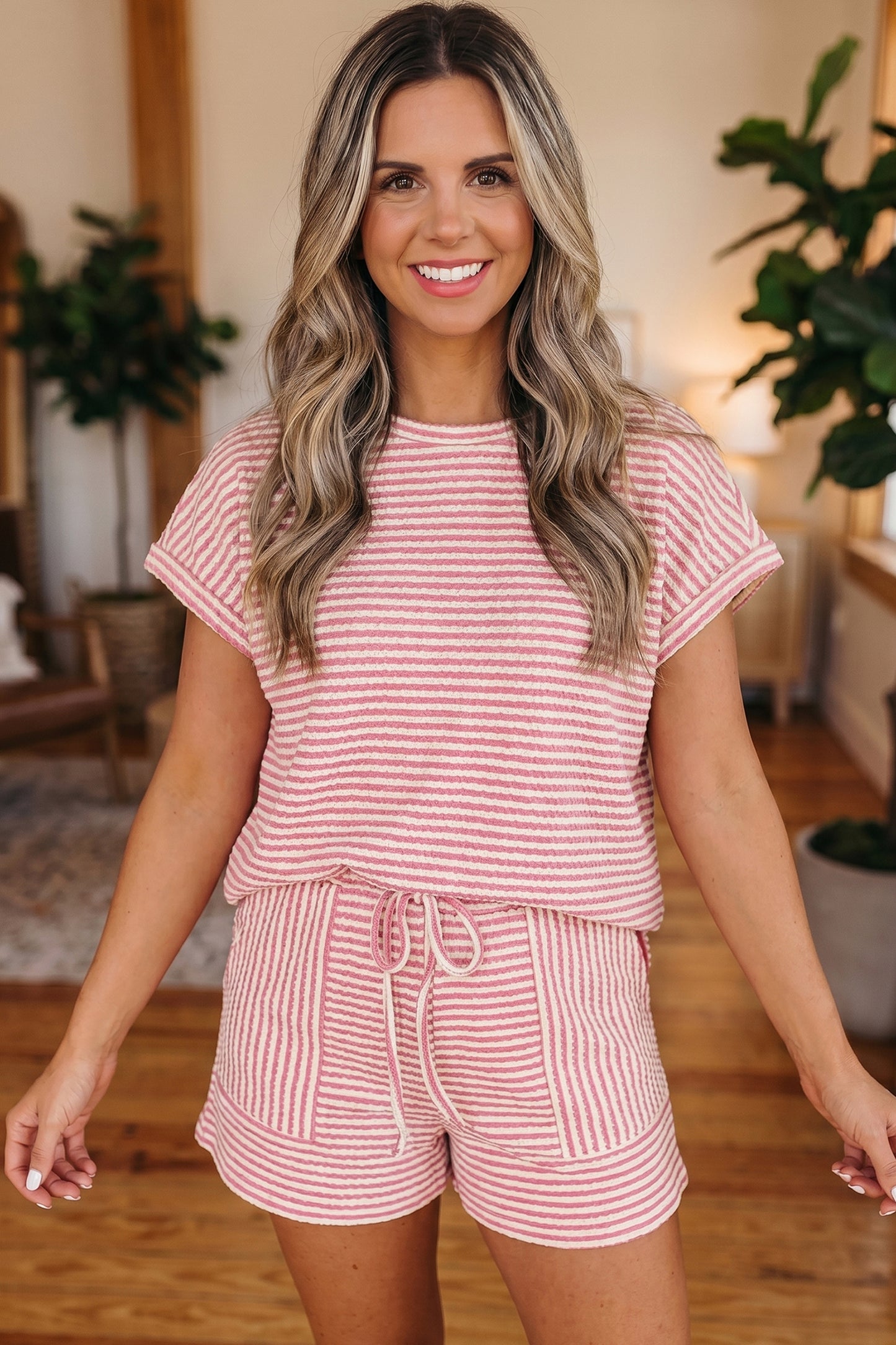 Brown Stripe Breathable Textured Knit Short 2pcs Set
