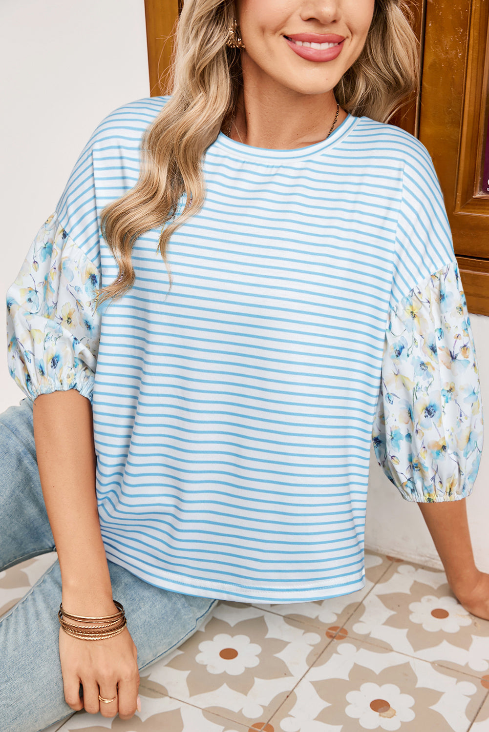 Sky Blue Stripe 3/4 Floral Puff Sleeve Patchwork Drop Shoulder Top