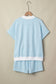 Pink Stripe Cuffed Sleeve Contrast Mock Neck Tee Casual 2pcs Short Set