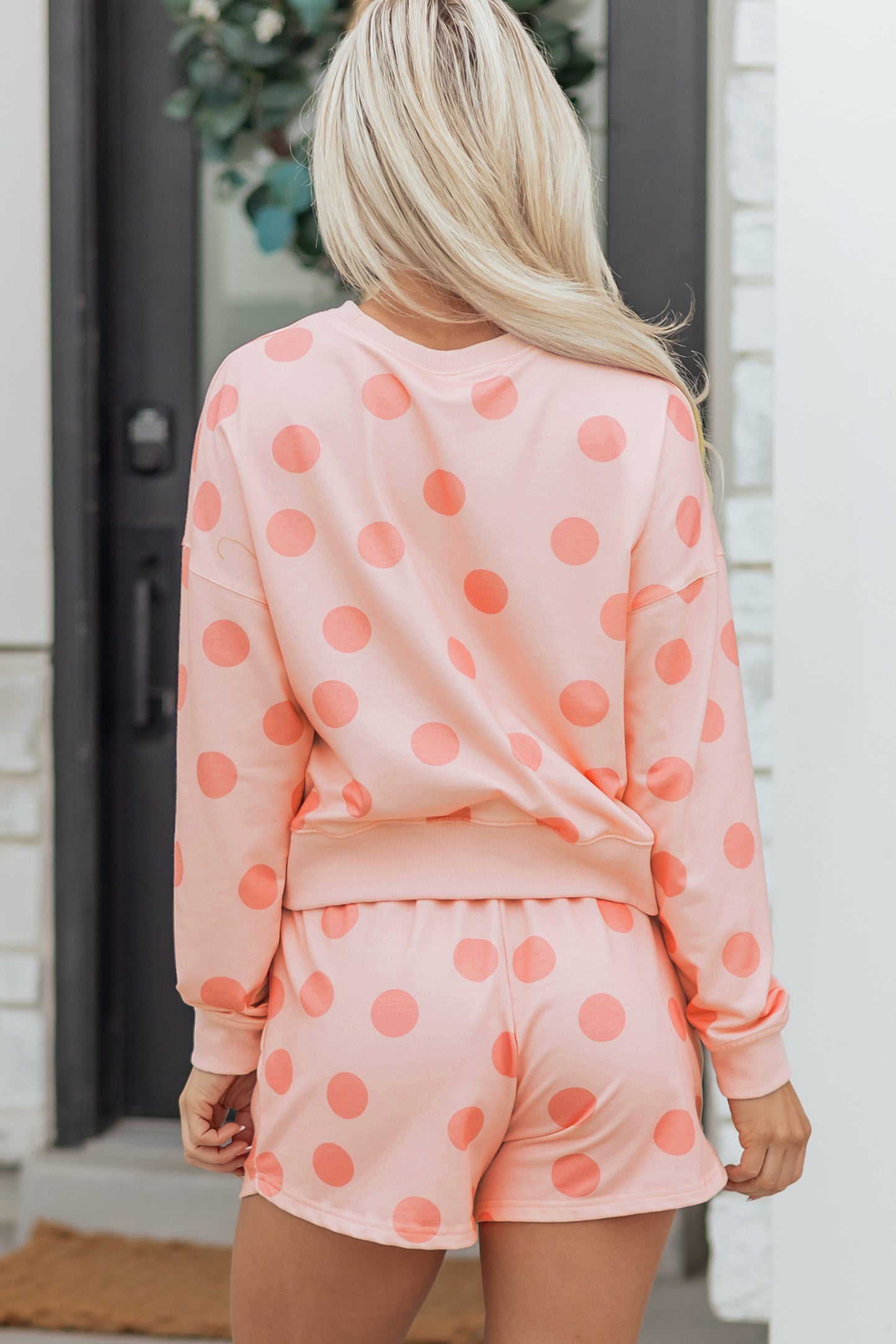 Sky Blue Polka Dot Print Drop Shoulder Pullover Drawstring Shorts Set