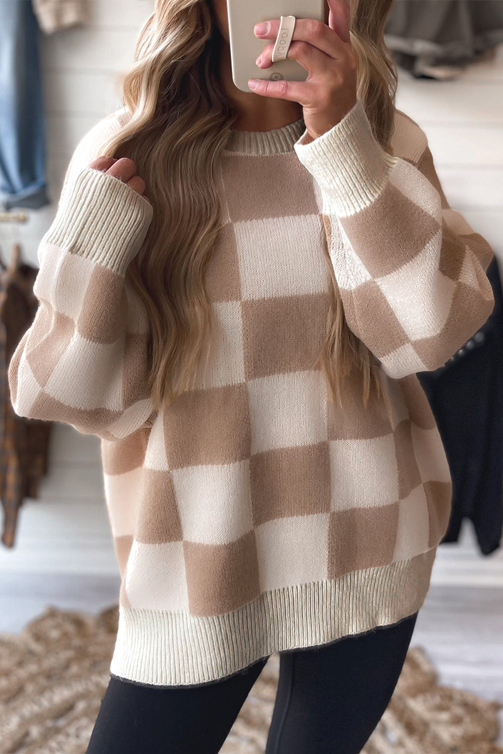 Grapefruit Orange Checkered Pattern Ribbed Trim Knit Baggy Sweater