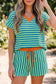 Pink Stripe Colorblock Trim V Neck Tee Drawstring Elastic Waist Short Set