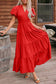 Clearly Aqua Solid Color V Neck Short Puff Sleeve High Waist Tiered Maxi Dress
