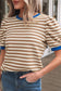 Brown Stripe Short Puff Sleeve Contrast Trim Round Neck Tee