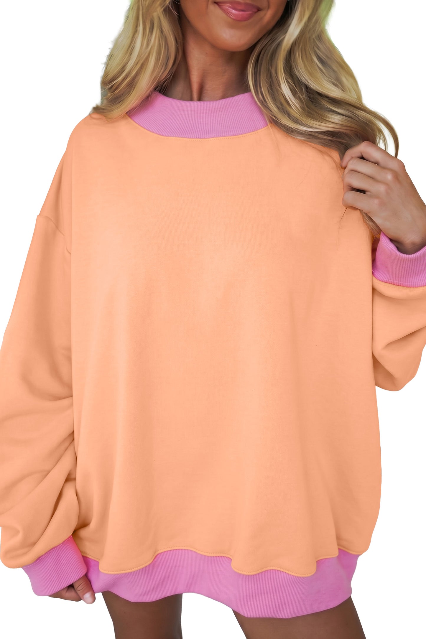 Coffee Colorblock Trim Crewneck Long Sleeve Pullover Sweatshirt
