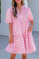 Pink Polka Dot Print V Neck Short Sleeve Tiered Mini Dress
