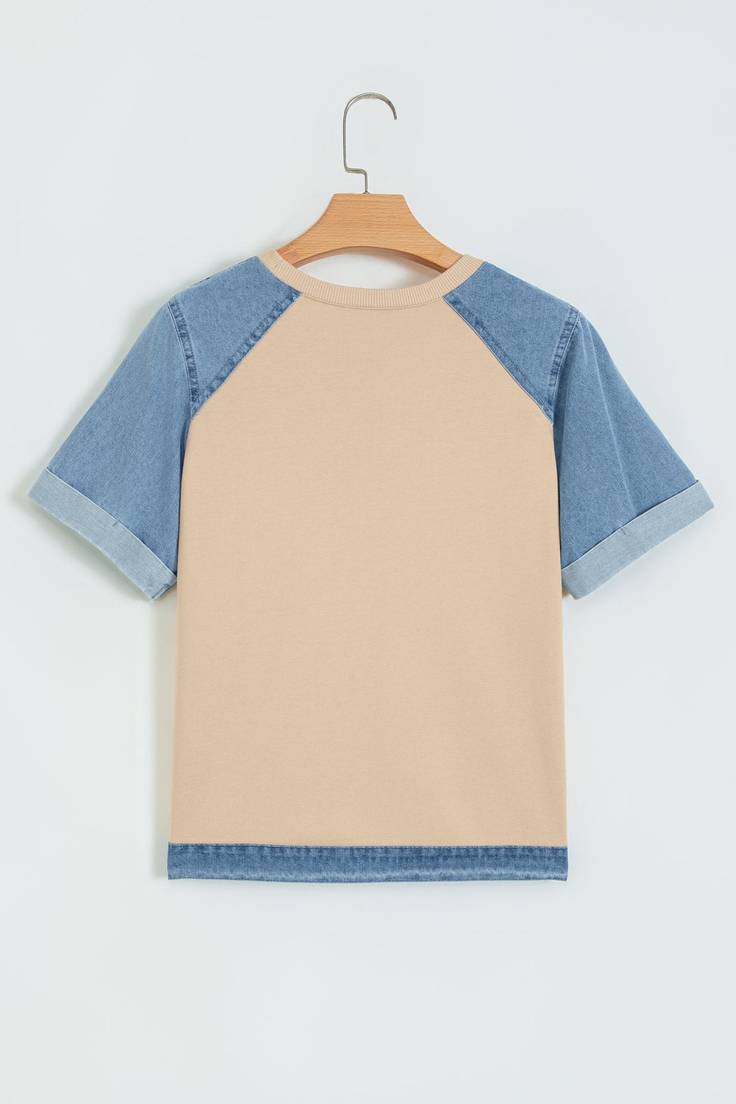 Beige Denim Color Block Patchwork Round Neck Tee
