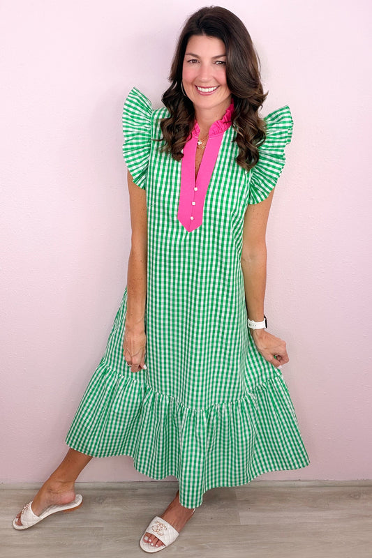 Bright Green Summer Color-Blocked Plaid Pattern Midi Dress
