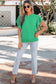 Beau Blue Solid Color Ribbed Trim Round Neck Ruffle Short Sleeve Sweater