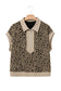 Beige Ribbed Patchwork Collar Cuffed Sleeve Leopard Plus Top