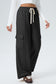 Black Solid Color Drawstring Elastic Waist Cargo Patch Pocket Active Pants