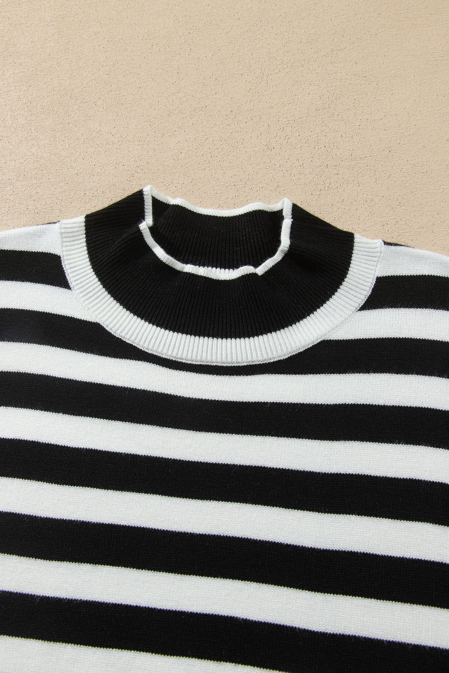 Black Striped High Neck Contrast Ruffle Detail Casual Sweater