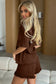 Dark Brown Textured Ribbed Knit Lettuce Trim 2pcs Lounge Set