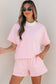 Pink Stripe Cuffed Sleeve Contrast Mock Neck Tee Casual 2pcs Short Set