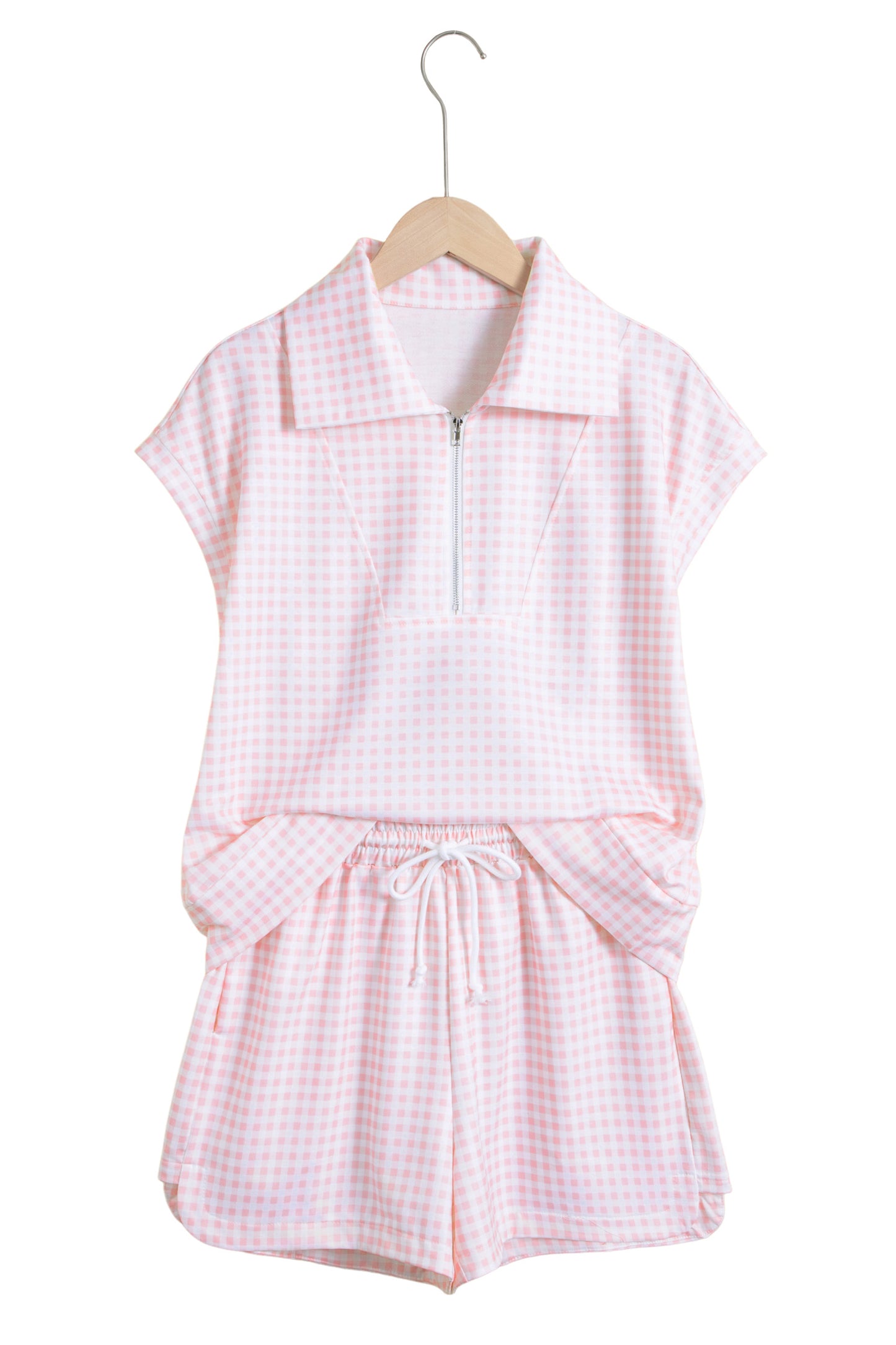 Pink Plaid Zip Neck Sleeveless Top Elastic Waist Shorts Casual Two Piece Short Set