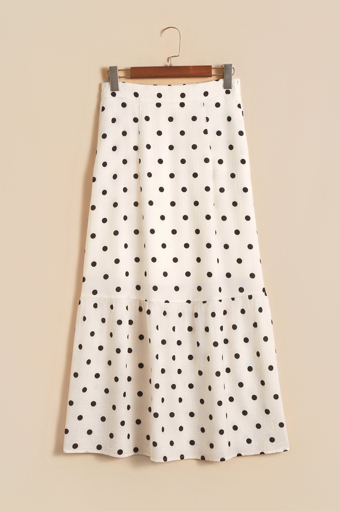 White Polka Dot Ruffled Slit Maxi Skirt