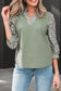 White Floral Puff Sleeve Contrast V Neck Patchwork Blouse