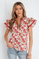 Pink Floral Print Contrast Trim V Neck Double Ruffled Short Sleeve Blouse