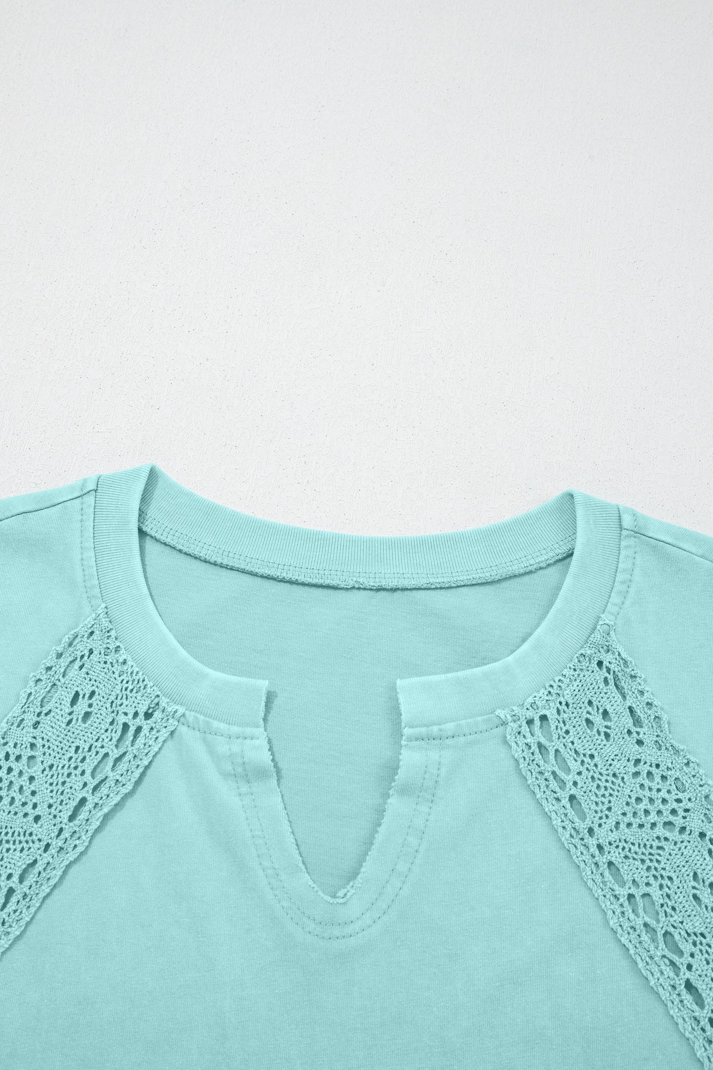 Mint Green Raw Cut Notched Neck Lace Patchwork Detail Mineral Wash Tee