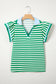 Blue Stripe Contrast Trim Polo Collar Ruffled Short Sleeve Blouse