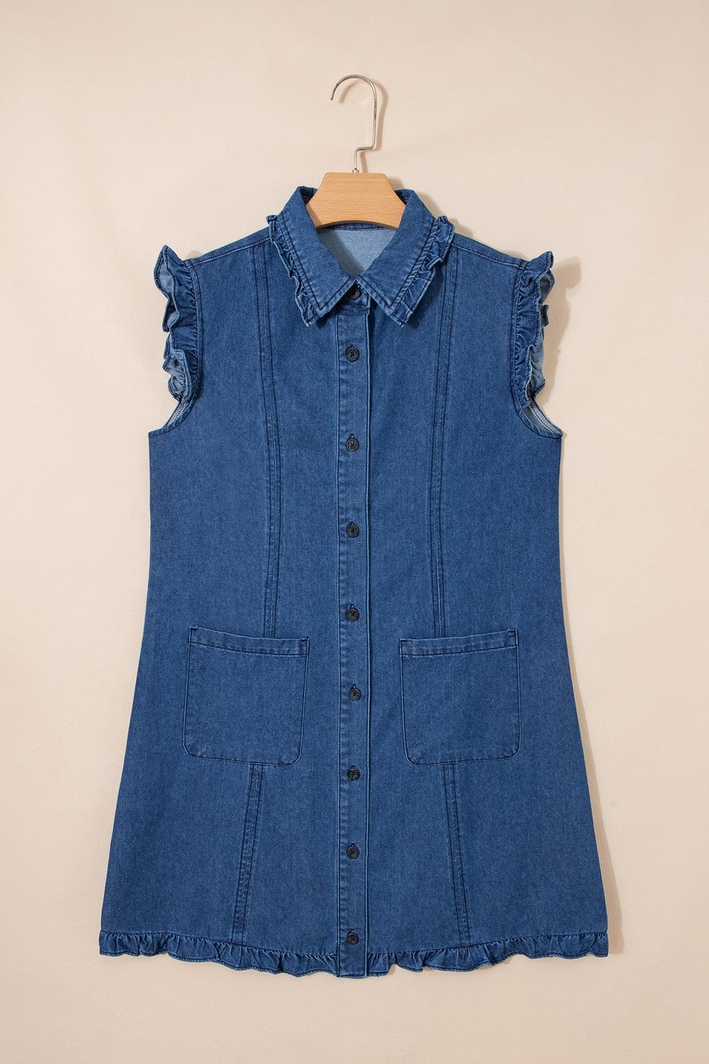 Sail Blue Ruffled Edge Collared Shift Denim Dress with Pockets