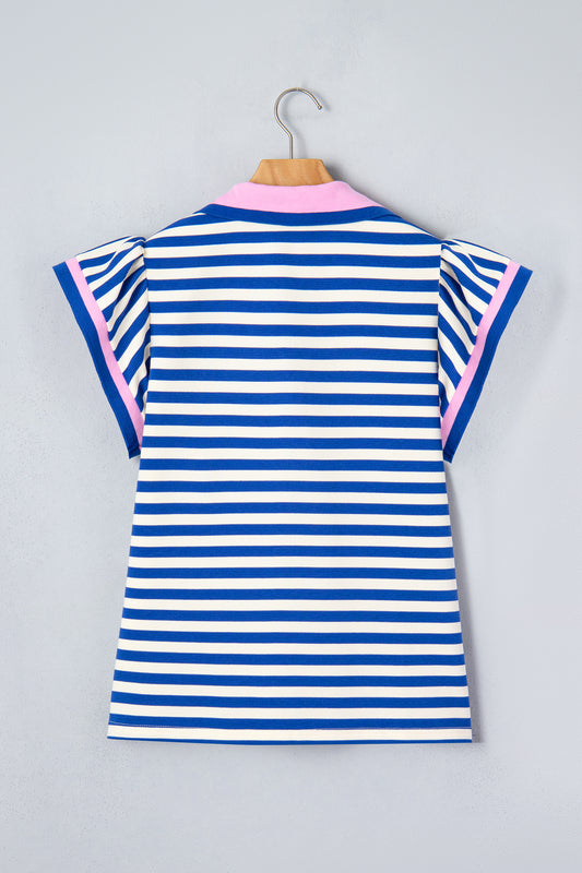 Blue Stripe Contrast Trim Polo Collar Ruffled Short Sleeve Blouse
