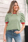 Brown Stripe Short Puff Sleeve Contrast Trim Round Neck Tee