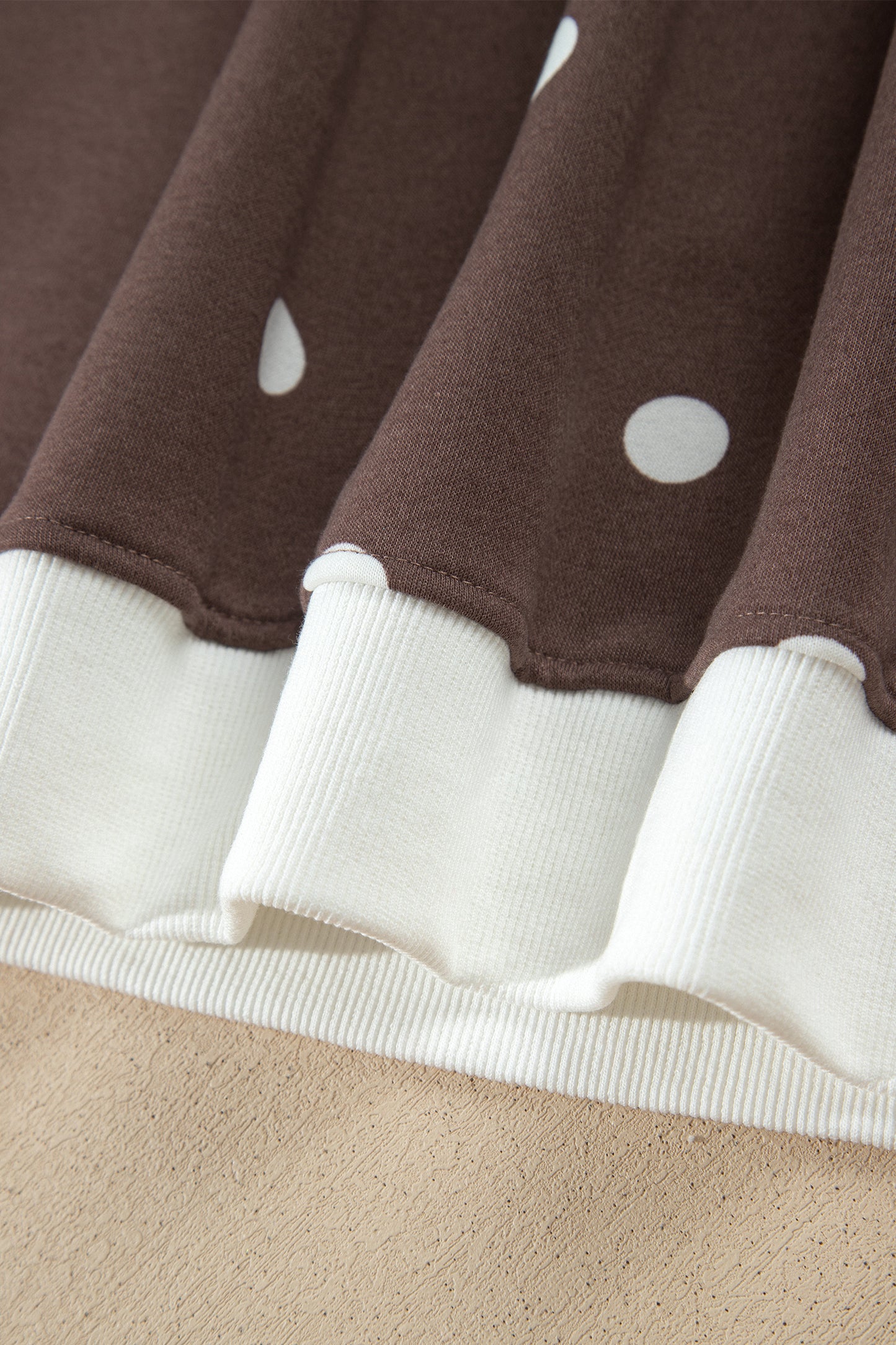 Brown Polka Dot Ribbed Trim Long Sleeve Top Casual Short Set